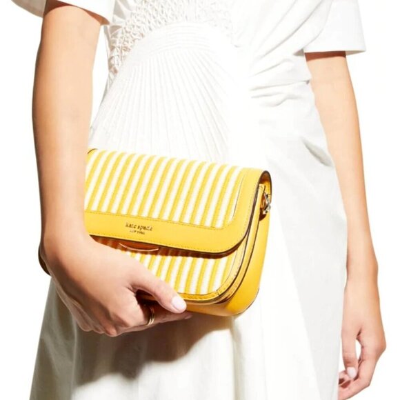 Kate Spade Buddie Shoulder Bag Clutch Yellow Leather Straw Crossbody ORG PKG - Picture 5 of 12